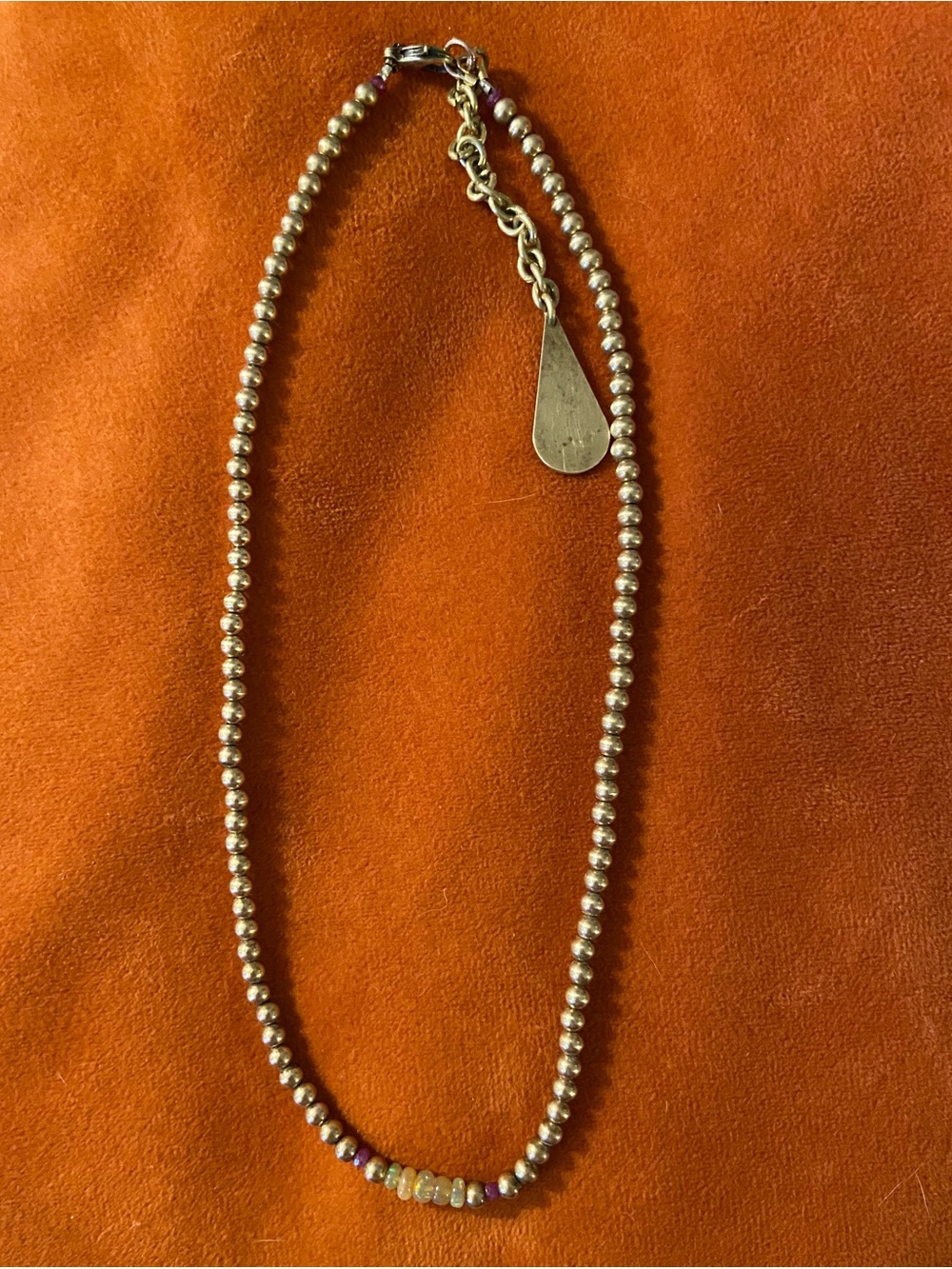 Raw Brass Beaded Necklace with Opal, and Ruby Beads